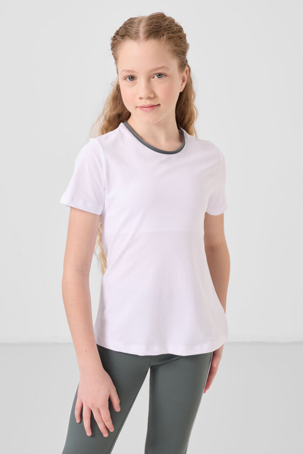 Beyaz-Haki Pamuklu O Yaka Standart Fit Basic İspanyol Paça Kız Çocuk Tayt Takım - 75192 - 3