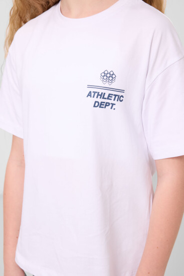 Beyaz Pamuklu O Yaka Oversize Fit Baskılı Kız Çocuk T-Shirt - 75178 - Thumbnail