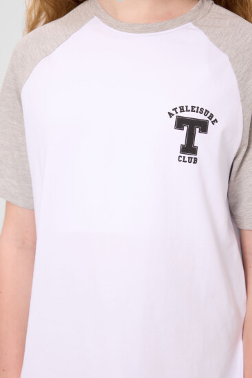 Beyaz O Yaka Pamuklu Baskılı Oversize Fit Kız Çocuk T-Shirt - 75179 - Thumbnail