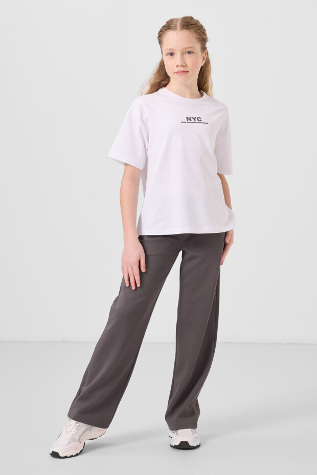 Beyaz-Koyu Gri O Yaka Baskılı Geniş Paça Standart Fit Kız Çocuk Palazzo Eşofman Takım - 75171 - 5