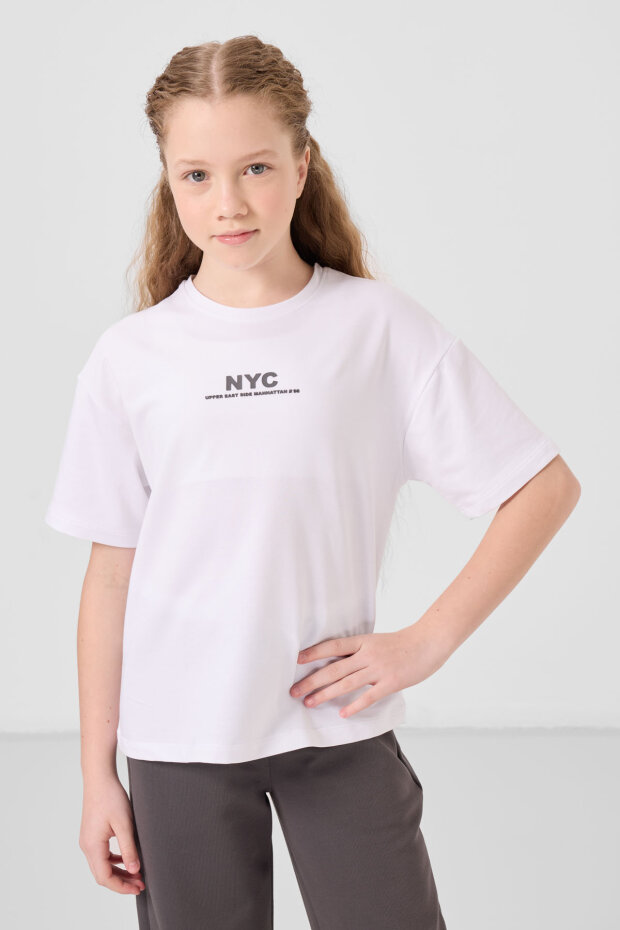 Beyaz-Koyu Gri O Yaka Baskılı Geniş Paça Standart Fit Kız Çocuk Palazzo Eşofman Takım - 75171 - 3