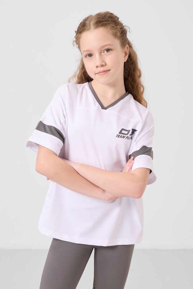 Beyaz-Koy u Gri V Yaka Kemer Detaylı Standart Fit Performans Kız Çocuk Tayt Takım - 75187