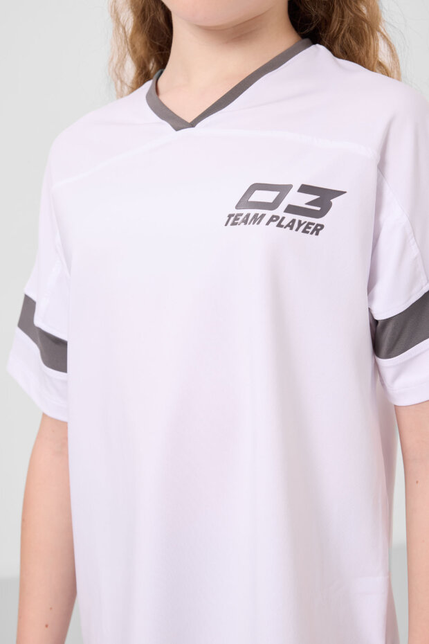 Beyaz-Koyu Gri V Yaka Kemer Detaylı Standart Fit Performans Kız Çocuk Tayt Takım - 75187 - 5