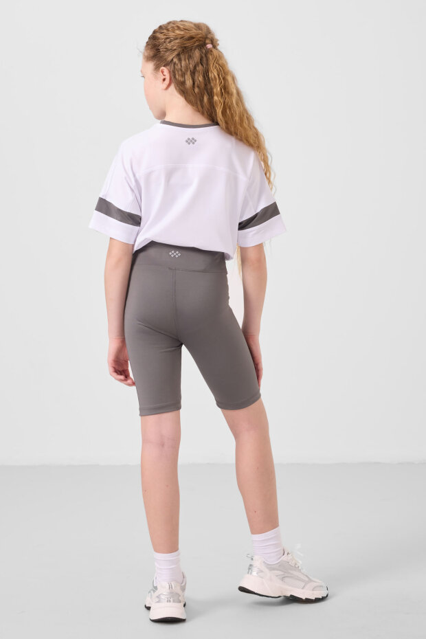 Beyaz-Koyu Gri V Yaka Kemer Detaylı Standart Fit Performans Kız Çocuk Tayt Takım - 75187 - 6