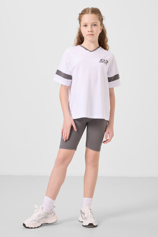 Beyaz-Koyu Gri V Yaka Kemer Detaylı Standart Fit Performans Kız Çocuk Tayt Takım - 75187 - 3