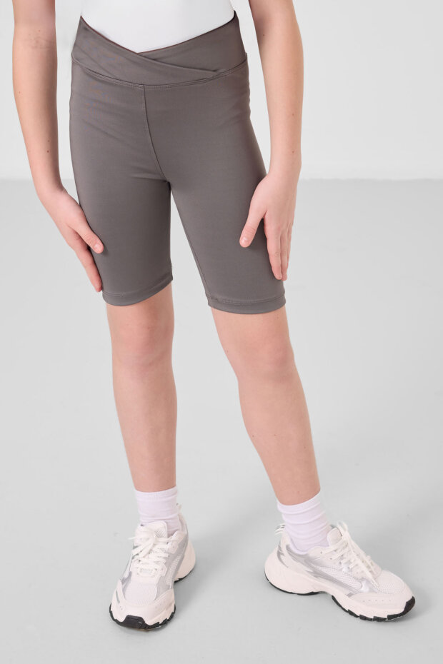 Beyaz-Koyu Gri V Yaka Kemer Detaylı Standart Fit Performans Kız Çocuk Tayt Takım - 75187 - 4