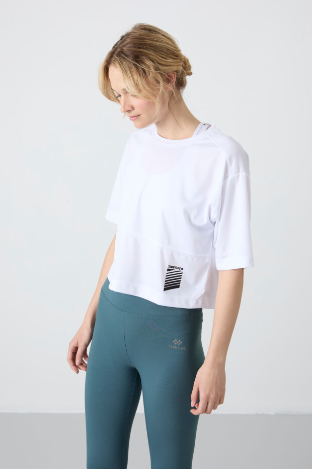 Beyaz Nefes Alan Dokulu İnce Esnek Standart Kalıp Performans Kadın T-Shirt - 97284 - 3