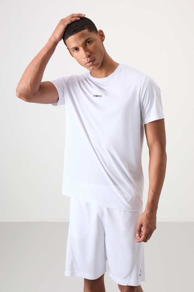 Beyaz Nefes Alan Dokulu İnce Esnek Standart Fit Erkek Performans T-Shirt - 88384 - 5