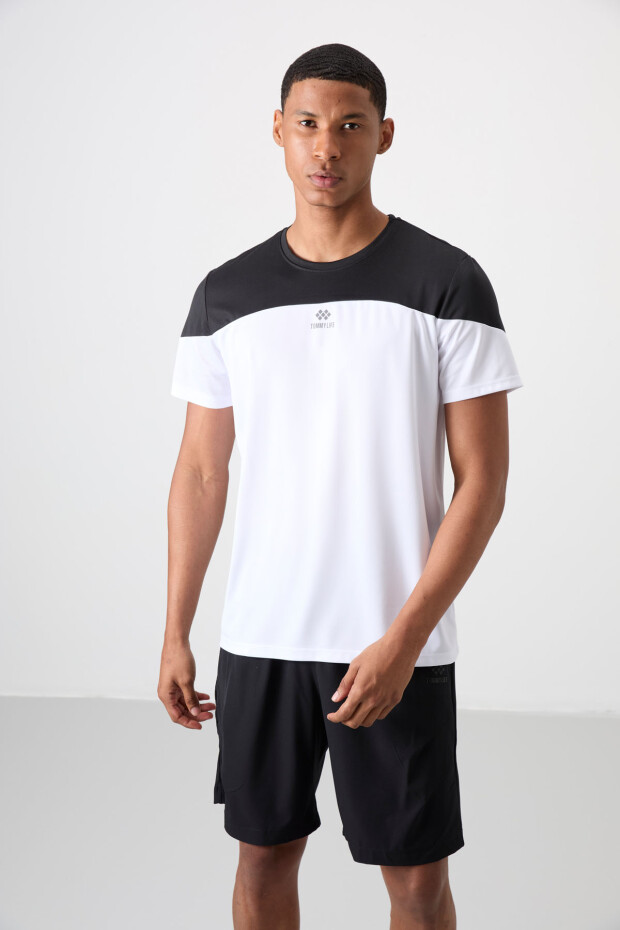Beyaz Nefes Alan Dokulu İnce Esnek Standart Fit Erkek Performans T-Shirt - 88386 - 1