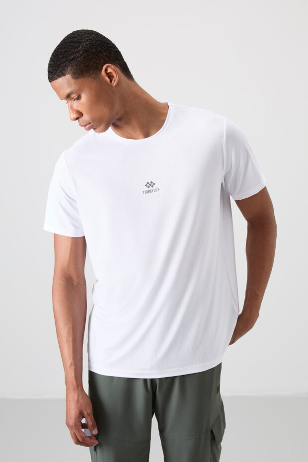 Beyaz Nefes Alan Dokulu İnce Esnek Standart Fit Erkek Performans T-Shirt - 88387 - 4