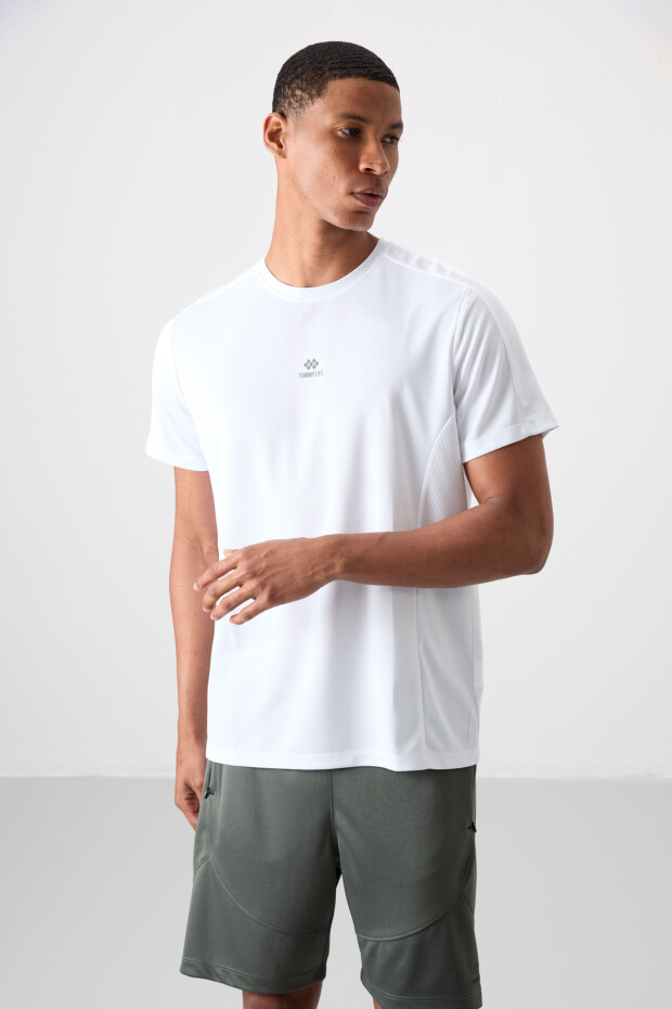 Beyaz Nefes Alan Dokulu İnce Esnek Standart Fit Erkek Performans T-Shirt - 88390 - 4