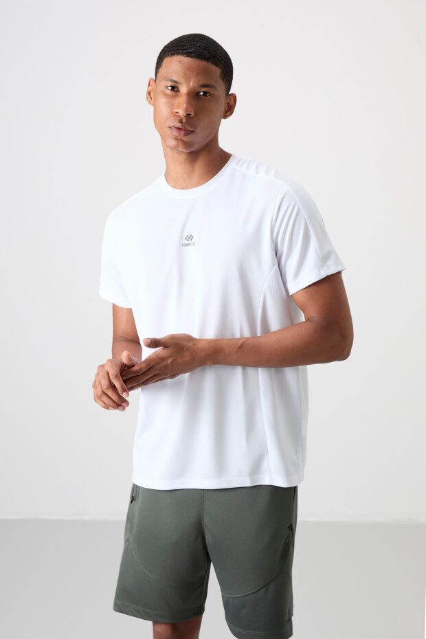 Beyaz Nefes Alan Dokulu İnce Esnek Standart Fit Erkek Performans T-Shirt - 88390 - 1