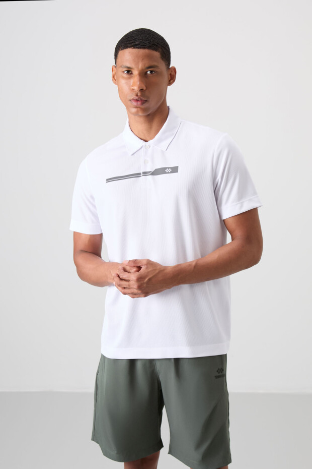 Beyaz Nefes Alan Dokulu İnce Esnek Standart Fit Polo Yaka Erkek Performans T-Shirt - 88393 - 4