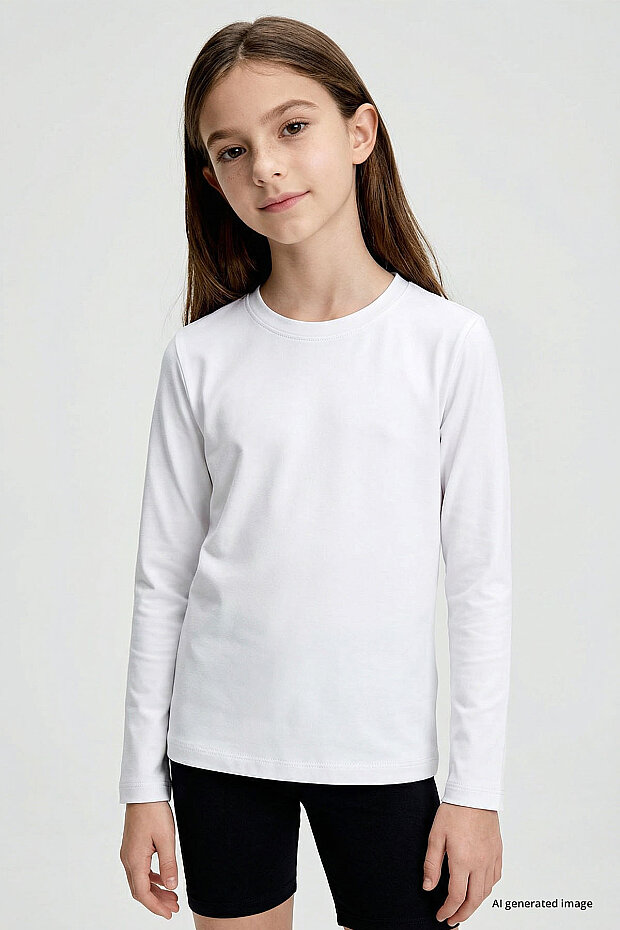 Beyaz O Yaka Standart Fit Basic Uzun Kollu Unisex Çocuk T-Shirt - 11329 - 1