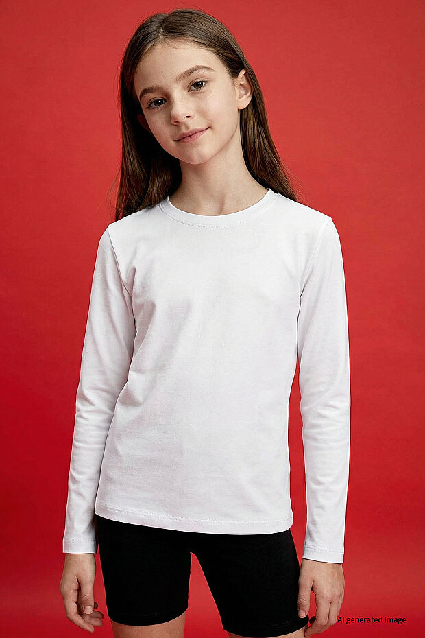 Beyaz O Yaka Standart Fit Basic Uzun Kollu Unisex Çocuk T-Shirt - 11329 - 4