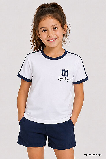 Beyaz Omuz Biye Detaylı Baskılı Kız Çocuk T-Shirt - 75181 