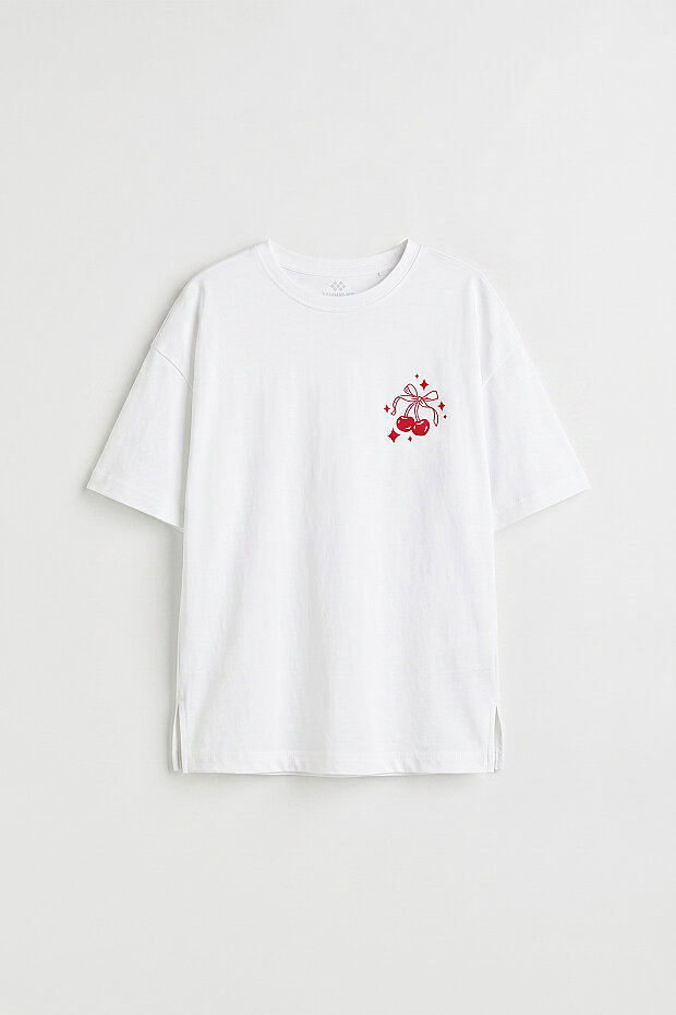 Beyaz Rahat Form Kısa Kollu Baskılı Kız Çocuk T-Shirt - 75176 - 3