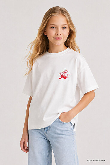 Beyaz Oversize Kısa Kollu Baskılı Kız Çocuk T-Shirt - 75176 