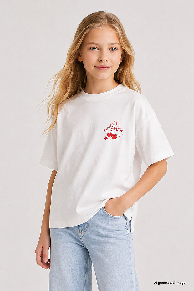 Beyaz Rahat Form Kısa Kollu Baskılı Kız Çocuk T-Shirt - 75176 - 1