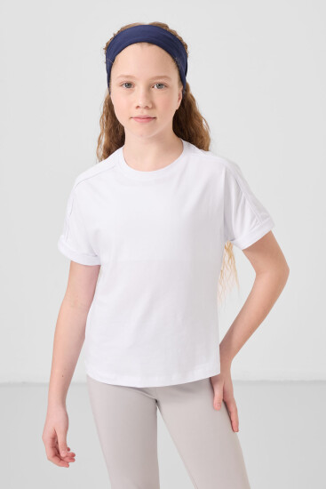 Beyaz Pamuklu O Yaka Oversize Fit Basic Kız Çocuk T-Shirt - 75182 