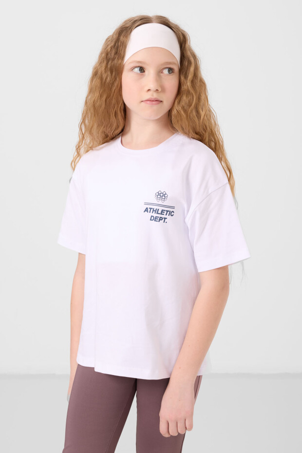 Beyaz Pamuklu O Yaka Rahat Form Fit Baskılı Kız Çocuk T-Shirt - 75178 - 3