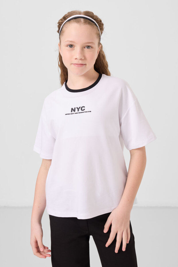 Beyaz-Siyah O Yaka Baskılı Geniş Paça Standart Fit Kız Çocuk Palazzo Eşofman Takım - 75171 - 3