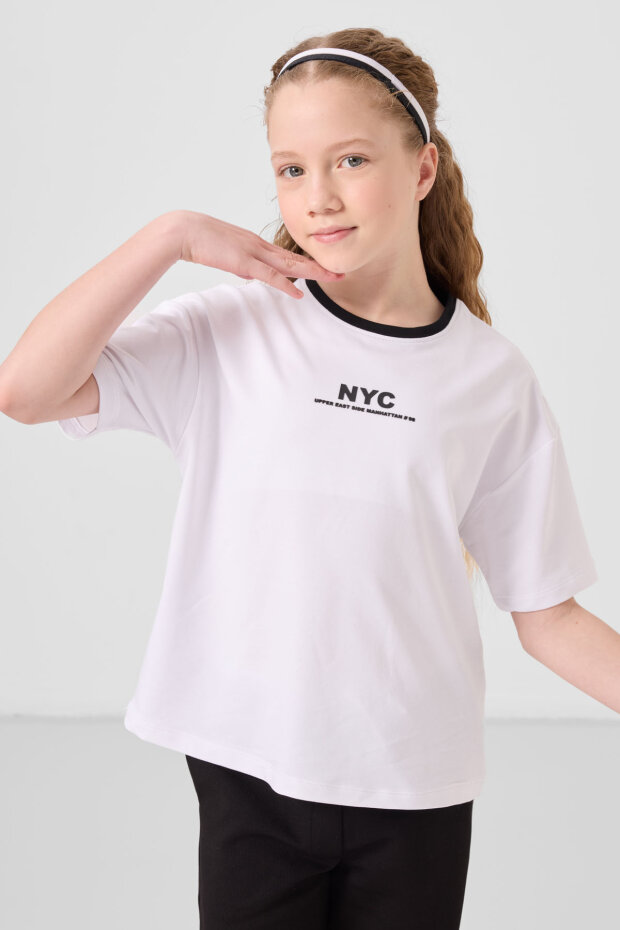 Beyaz-Siyah O Yaka Baskılı Geniş Paça Standart Fit Kız Çocuk Palazzo Eşofman Takım - 75171 - 5