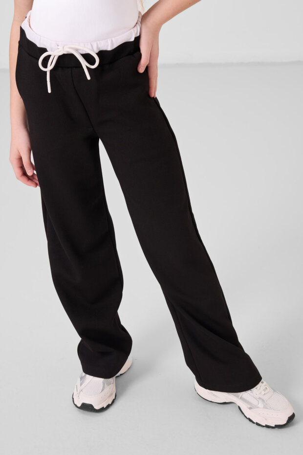 Beyaz-Siyah O Yaka Baskılı Geniş Paça Standart Fit Kız Çocuk Palazzo Eşofman Takım - 75171 - 2