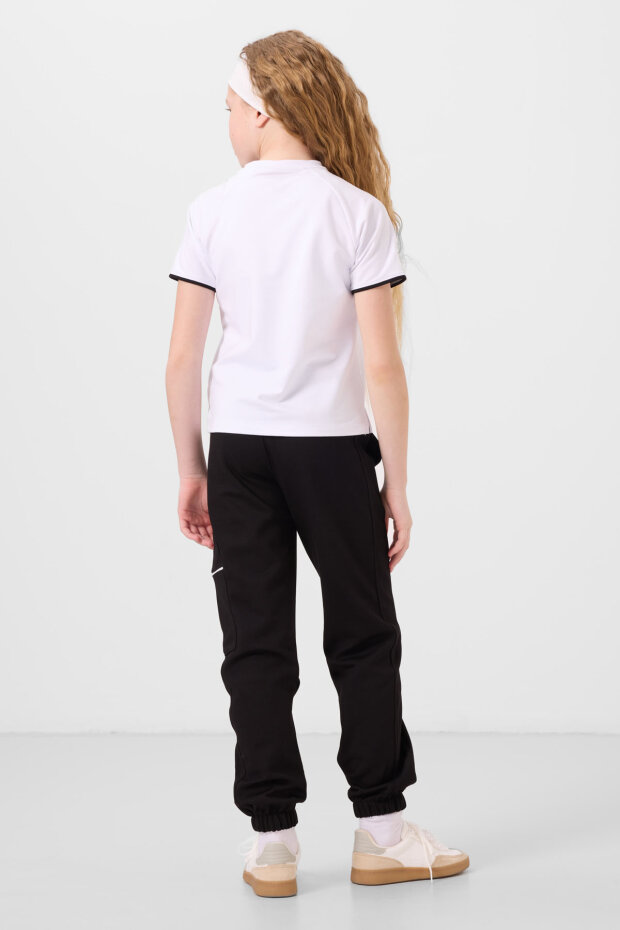 Beyaz-Siyah O Yaka Baskılı Lastik Paça Kargo Cepli Kız Çocuk Eşofman Takım - 75173 - 6