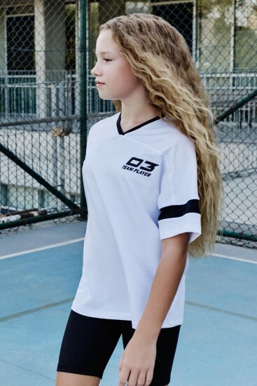 Beyaz-Siyah V Yaka Kemer Detaylı Standart Fit Performans Kız Çocuk Tayt Takım - 75187 - TOMMYLIFE