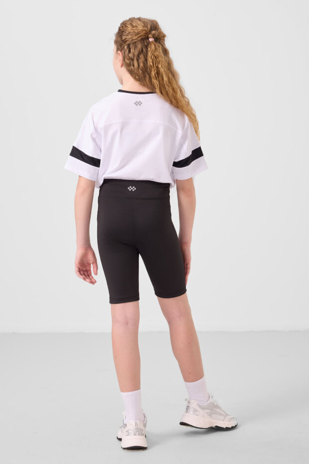 Beyaz-Siyah V Yaka Kemer Detaylı Standart Fit Performans Kız Çocuk Tayt Takım - 75187 - 6