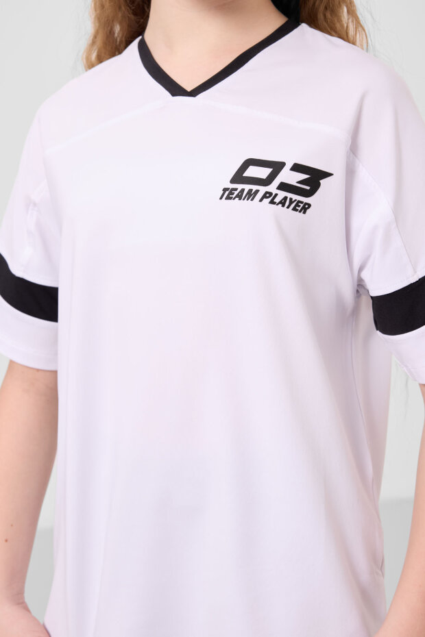 Beyaz-Siyah V Yaka Kemer Detaylı Standart Fit Performans Kız Çocuk Tayt Takım - 75187 - 4