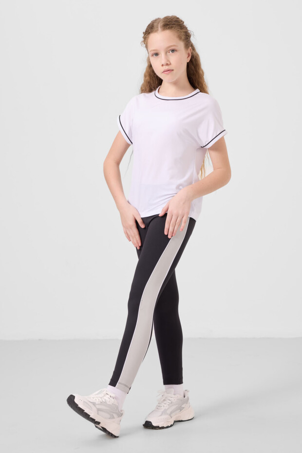 Beyaz-Siyah O Yaka Yan Şerit Detaylı Standart Fit Performans Kız Çocuk Tayt Takım - 75191