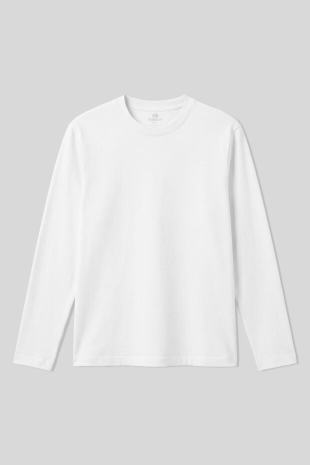 Beyaz Standart Fit Basic O Yaka Uzun Kollu İnce Erkek T-Shirt- 87997 - 1