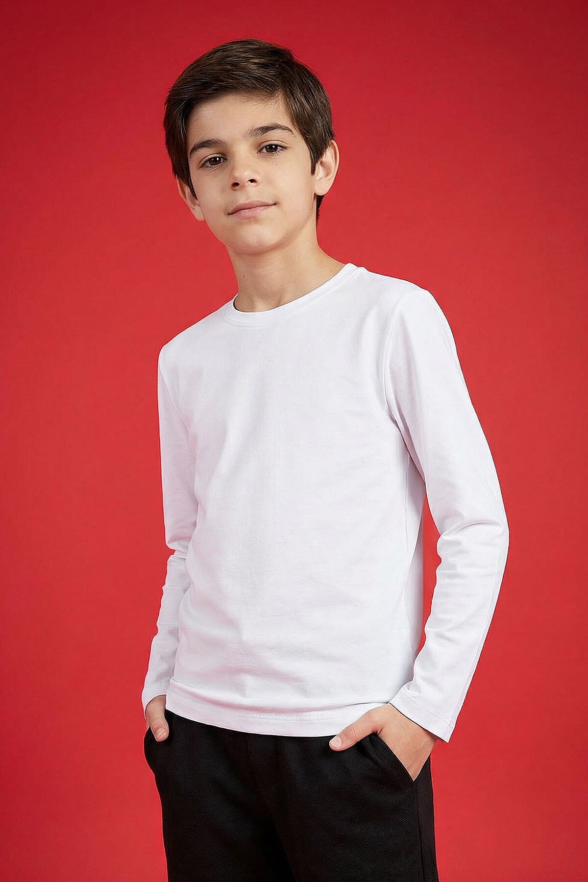 Beyaz O Yaka Standart Fit Basic Uzun Kollu Unisex Çocuk T-Shirt - 11329 - TOMMYLIFE (1)