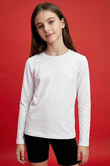 Beyaz O Yaka Standart Fit Basic Uzun Kollu Unisex Çocuk T-Shirt - 11329 - TOMMYLIFE