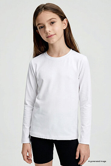 Beyaz O Yaka Standart Fit Basic Uzun Kollu Unisex Çocuk T-Shirt - 11329 