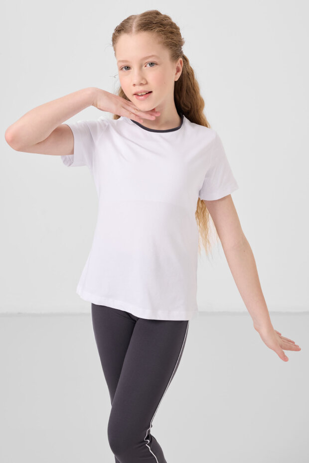 Beyaz-Antrasit Pamuklu O Yaka Standart Fit Basic İspanyol Paça Kız Çocuk Tayt Takım - 75192 - 3