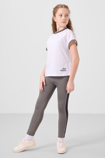 Beyaz-Koyu Gri O Yaka Yan Şerit Detaylı Standart Fit Performans Kız Çocuk Tayt Takım - 75191 