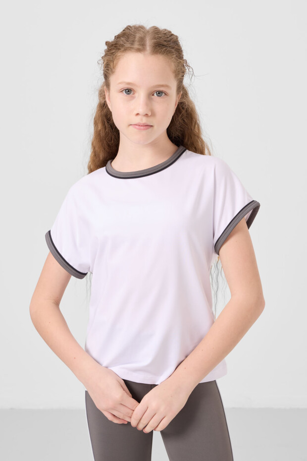 Beyaz-Koyu Gri O Yaka Yan Şerit Detaylı Standart Fit Performans Kız Çocuk Tayt Takım - 75191 - 5