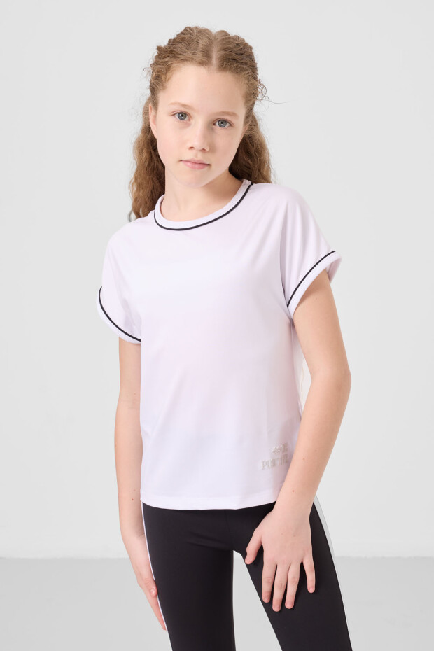 Beyaz-Siyah O Yaka Yan Şerit Detaylı Standart Fit Performans Kız Çocuk Tayt Takım - 75191 - 5