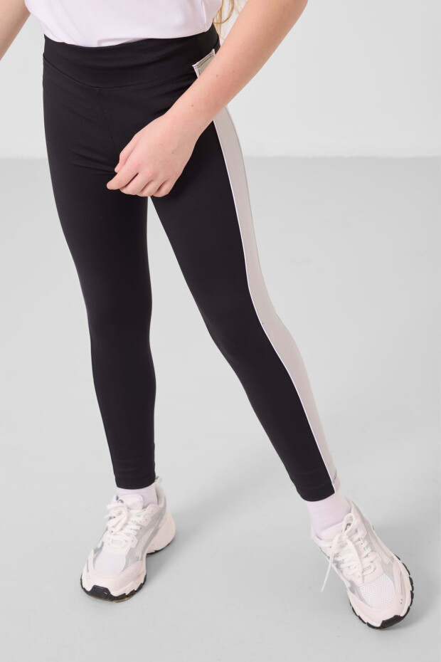 Beyaz-Siyah O Yaka Yan Şerit Detaylı Standart Fit Performans Kız Çocuk Tayt Takım - 75191 - 4