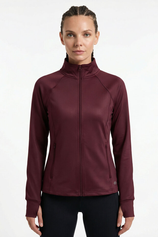 Bordo Fermuarlı Dik Yaka Basic Rahat Form Kadın Koşu Ceketi - 97310 - 2