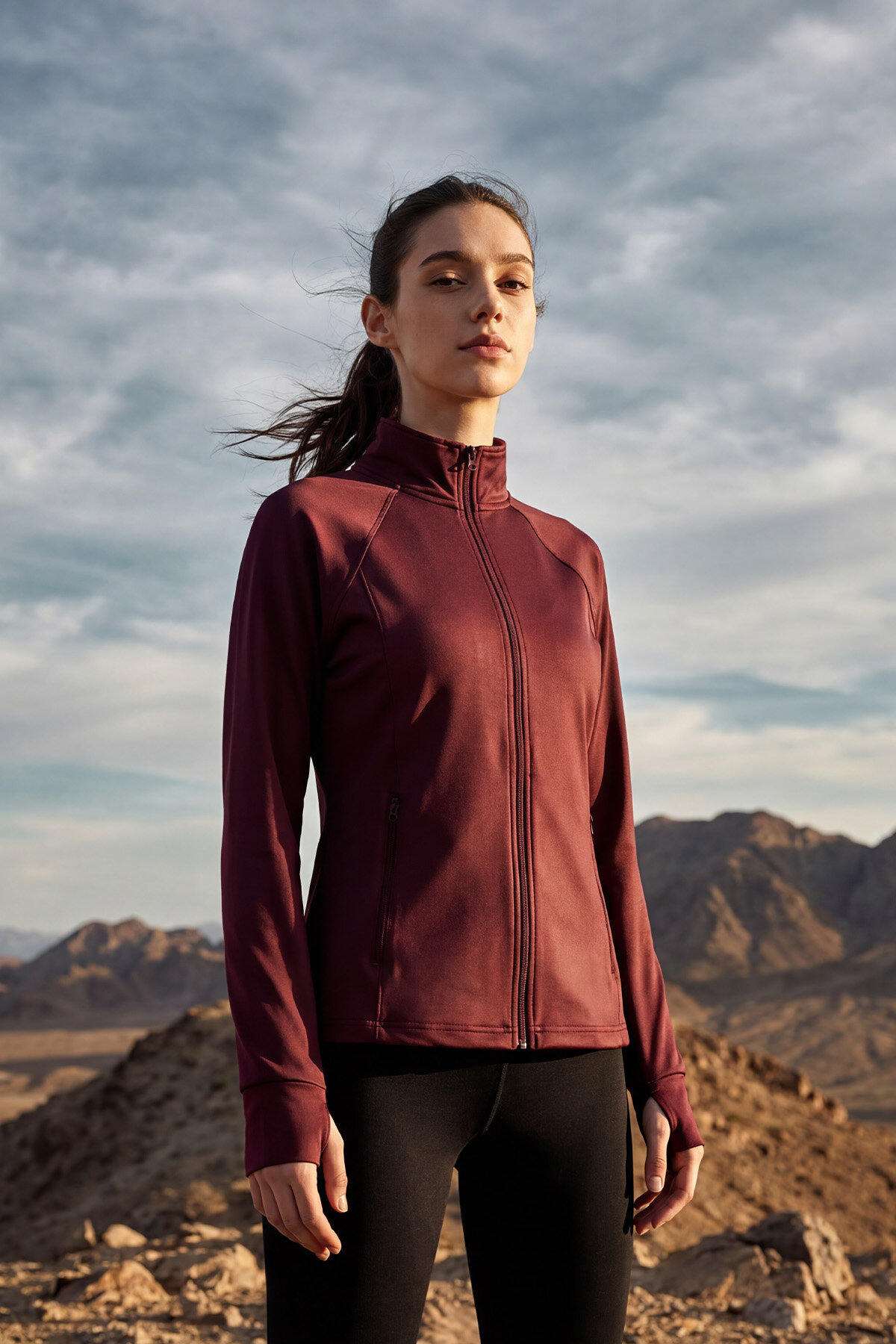 Bordo Fermuarlı Dik Yaka Basic Rahat Form Kadın Koşu Ceketi - 97310 - TOMMYLIFE