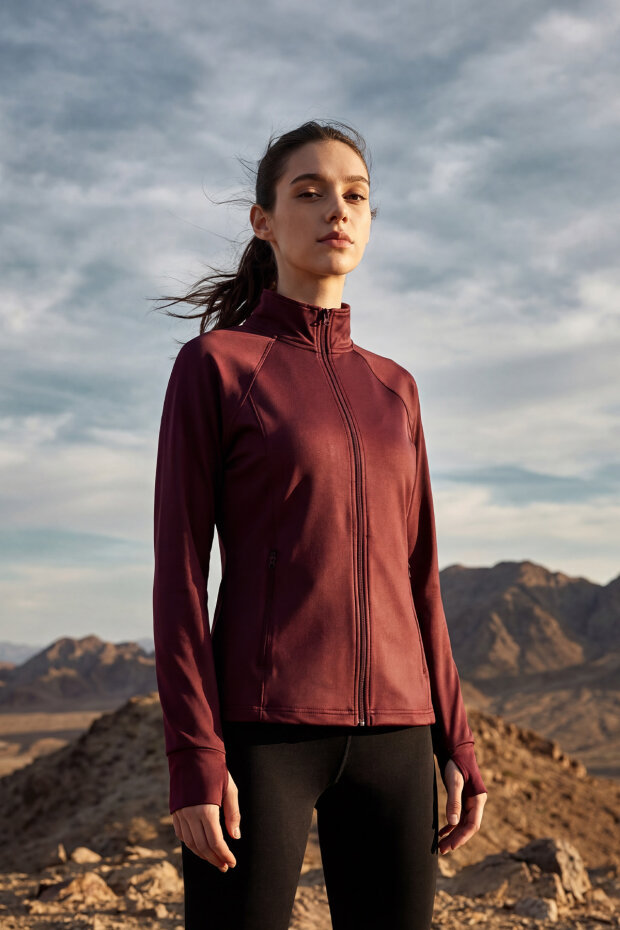 Bordo Fermuarlı Dik Yaka Basic Rahat Form Kadın Koşu Ceketi - 97310 - 1