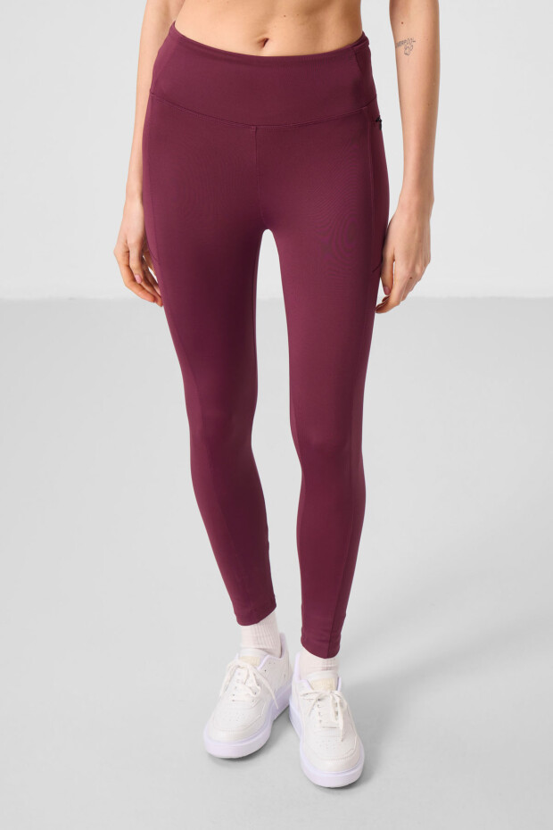 Bordo Esnek Standart Fit Performans Kadın Tayt - 94667 - 4