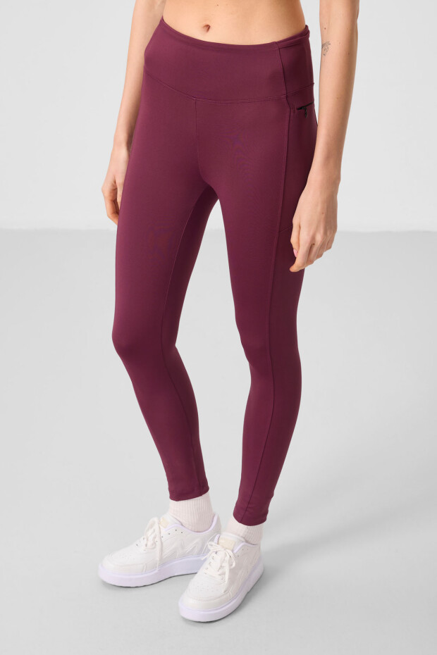 Bordo Esnek Standart Fit Performans Kadın Tayt - 94667 - 2