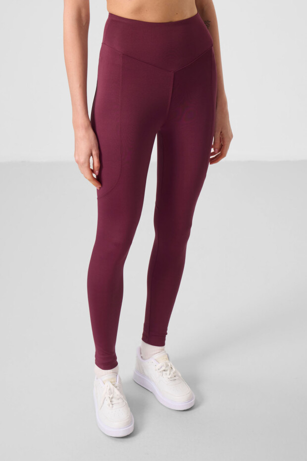 Bordo Standart Fit Esnek Performans Kadın Tayt - 94666 - 4