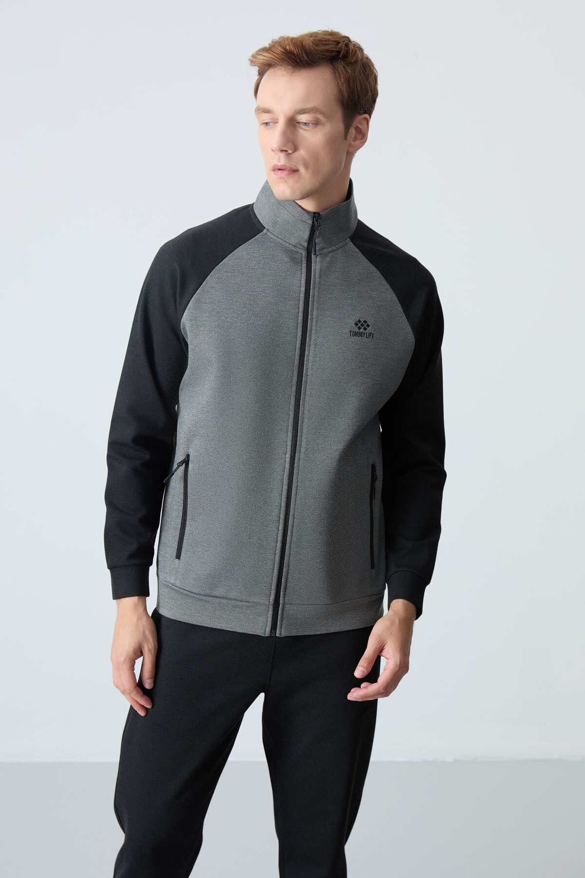 Çağla siyah Dik Yaka Çift Renk Rahat Form Klasik Paça Erkek Eşofman Takımı - 85113 - TOMMYLIFE (1)