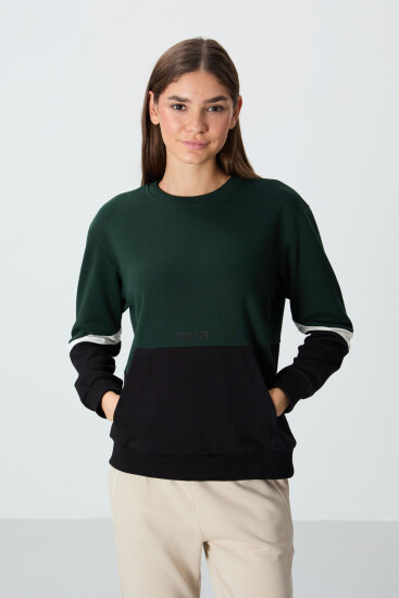 Çam Yeşili Kompakt Pamuklu Kalın Pürüzsüz Dokulu O Yaka Oversize Fit Kadın Sweatshirt - 97289 